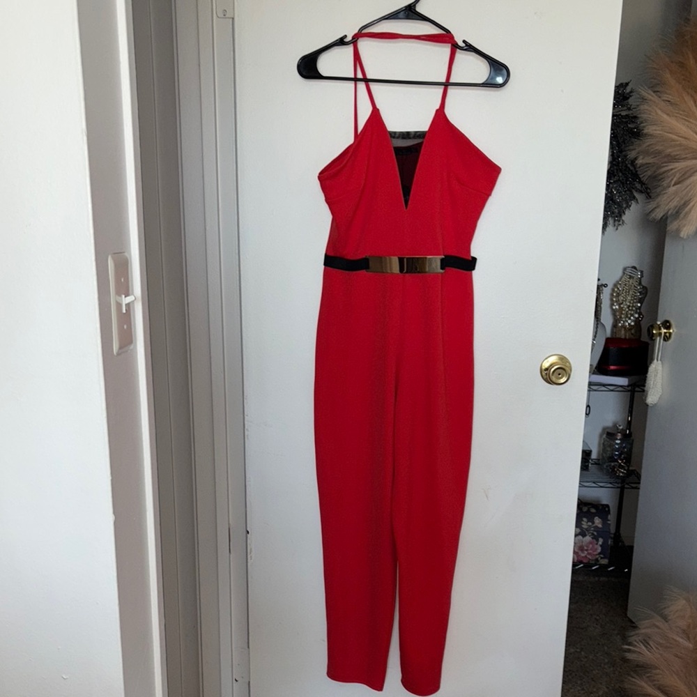 Boohoo Red and Gold Jumpsuit with Belted Waist and V-Neckline